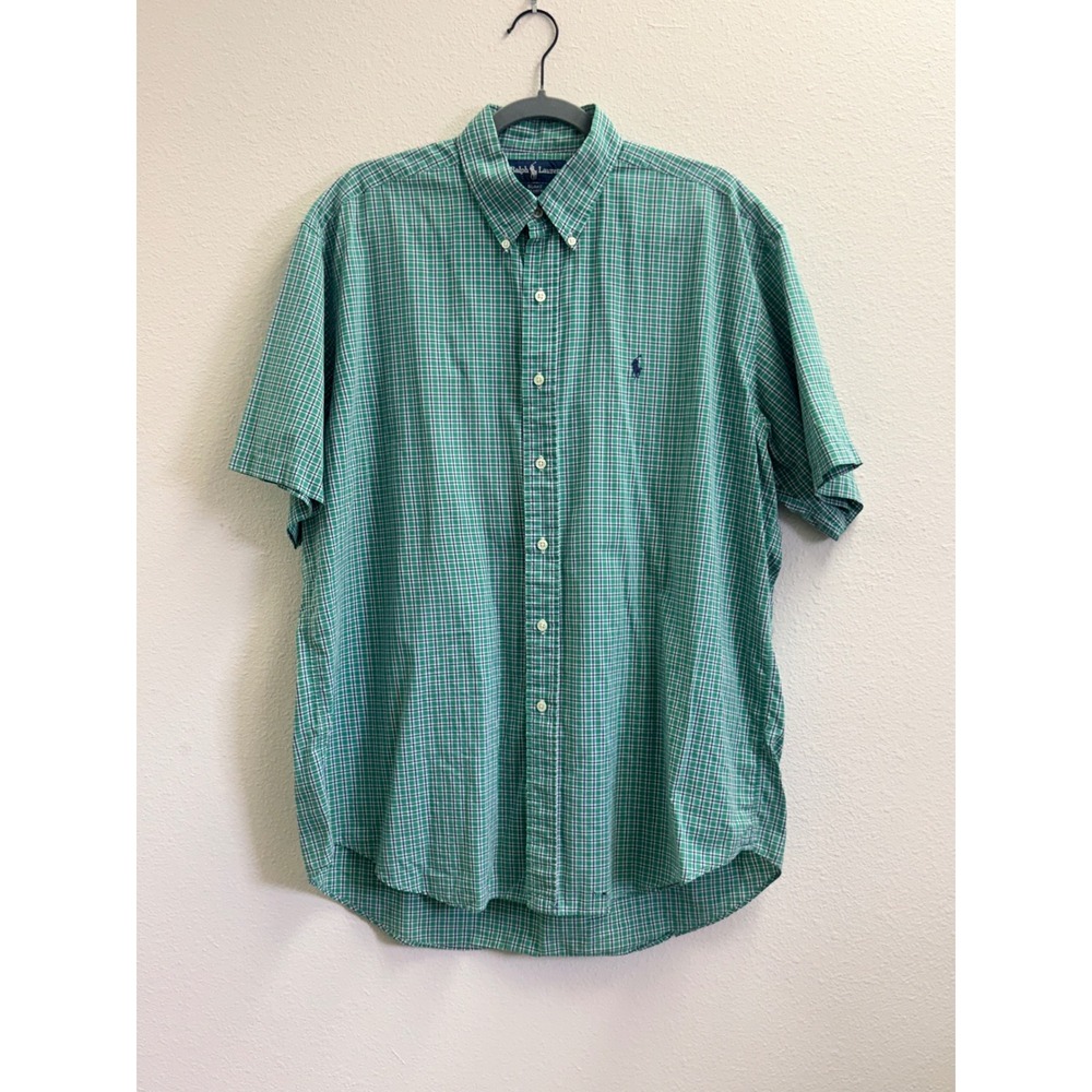 Vintage Ralph Lauren Blake Shirt Men's L Green Plaid Short Sleeve Cotton